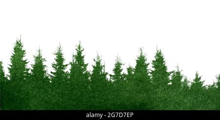 Vector silhouette Forest fir and pine, tree tops, watercolor green forest template on white background, isolated. For banner, background, backdrop. Vector illustration Stock Vector
