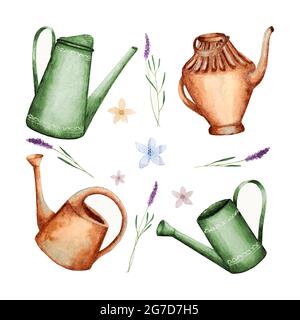Set of garden watering can watercolor, lavender flowers, hand drawing, background. Spring gardener set. Vector illustration Stock Vector