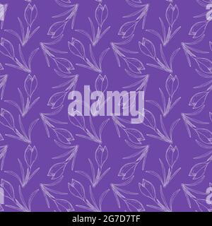Seamless pattern with crocuses, doodling flowers, hand drawing, contour flower, purple background. For wallpaper packaging backdrop banner. Vector illustration Stock Vector