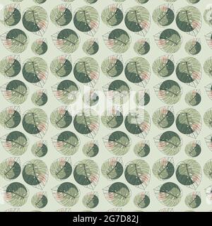 Pattern on a green background monstera leaves doodling with colored spots, seamless background. Vector illustration Stock Vector
