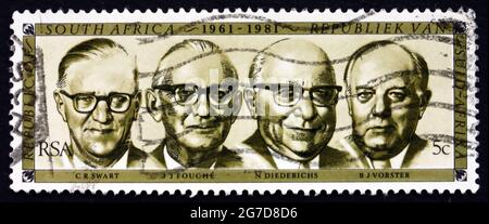 SOUTH AFRICA - CIRCA 1981: a stamp printed in South Africa shows Former Presidents Swart, Fouche, Diederichs and Vorster, from 1961 to 1981, circa 198 Stock Photo