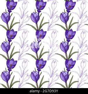 Seamless pattern with crocuses, doodling flowers, hand drawing, contour flower, on a white background. For wallpaper, packaging, backdrop, banner. Vector illustration Stock Vector