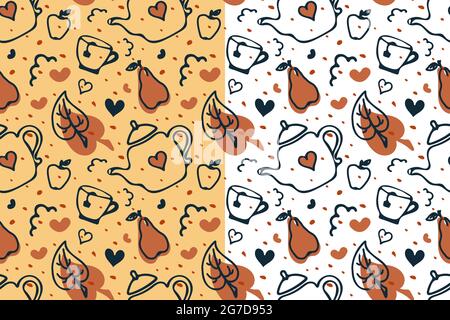 Cute vector seamless pattern with funny teapots, cup, pear, apple, heart shapes. Autumn cartoon style illustration, hand drawn brush ink design in Stock Vector