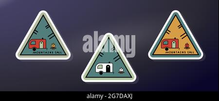 Triangular colored trailer stickers. Symbol of mountains, camping travel. Camper and bonfire. Vector illustration for outdoor sticker, embroidery, par Stock Vector