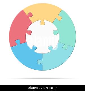eps vector illustration of round colored puzzle symbolizing cooperation or teamwork process with white base, five options idea Stock Vector