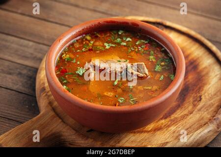 Georgian national kharcho soup with beef and rice Stock Photo