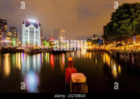 Nightview of the Oude Haven in Rotterdam with het witte huis and Cube houses, the Netherlands