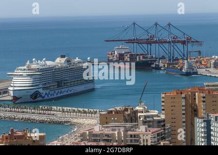 July 13, 2021: July 13, 2021 (Malaga) The first international cruise ship to dock in Malaga after 16 months with almost 1,500 passengers, with a capacity limit of 50%. the 'Aida Perla' with its characteristic colourful design, the work of the painter Feliks BÃ¼tner (Credit Image: © Lorenzo Carnero/ZUMA Wire) Stock Photo