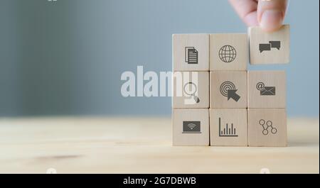 Inbound marketing strategy advertisement commercial branding concept.  Wooden cubes block with Blogging, Web Pages, Social, Call to action, email, lan Stock Photo