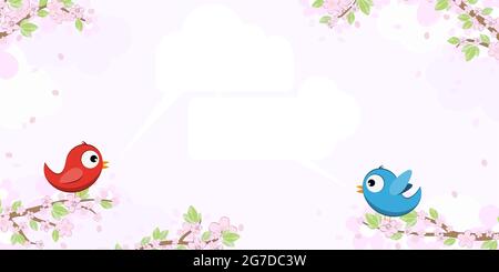 eps vector file with red and blue colored birds in love, sitting on branches with blossoms and green leaves in spring time, talking with speech bubble Stock Vector