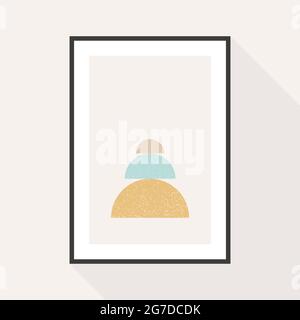 Minimal geometric composition. Semi circles with grunge texture. Black frame hanging on the wall. Vector illustration, flat design Stock Vector