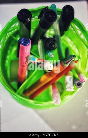 Pen in pen box, top view, new pen box image Stock Photo