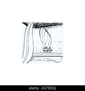 Sea view from the bungalow. A sailing boat sways on the waves near the shore. Stock Vector