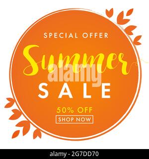 Summer sale creative golden frame. Seasonal ad poster, red color lettering, up to 50% percent off business marketing banner. Tropical resort advertisin Stock Vector