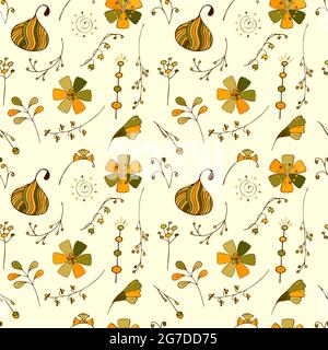 Autumn pattern of leaves, flowers, twigs and decorative elements in the style of doodling, hand drawing. For design, backdrop, background, packaging, wrapping, label. Vector illustration Stock Vector