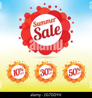 Set of summer sale colored labels. Coloured season collection percent, % sign lettering 10%, 30%, 50% off framed ad, red orange round 10, 30, 50 color Stock Vector