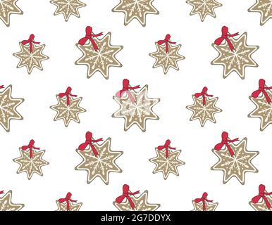 Seamless pattern Merry Christmas gingerbread cookies with white icing in the form of snowflakes Stock Vector