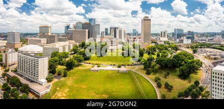 Aerial view of Nashville Capitol and skyline on a sunny day. Nashville is the capital and most populous city of Tennessee, and a major center for the Stock Photo