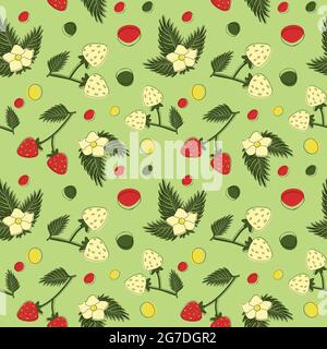 Summer seamless pattern with offset stroke strawberry fruits, flowers, leaves and absctract spots, red, green, yellow colors for textile, cover, decoration, background vector illustration Stock Vector