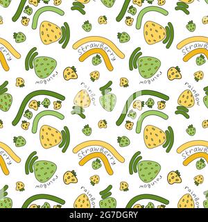 Kids bright funny doodle style green and yellow pattern with strawberry fruits and rainbows, strawberry rainbow lettering for textile design home decoration vector illustration Stock Vector
