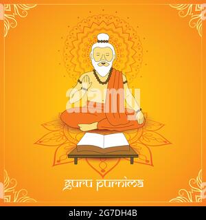 Poster of celebration of Guru Purnima. In this poster Maharshi sitting on the floor and blessing the world and read the book. Stock Vector