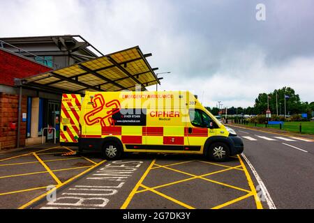 A Cipher Ambulance parked at the James Cook University Hospital A&E Cipher is a provider of Ambulance services based in Hartlepool Stock Photo