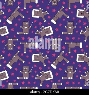 Seamless childish pattern with cubed cats and satrs, cat with magic wand, cat lies on pillow and sleep, cat hit against the wall. Creative nursery background for kids design, fabric, wrapping vector Stock Vector