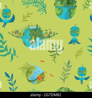 Vector ecological seamless pattern with cute planet Earth Stock Vector