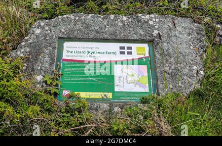 A sign for The Lizard (Kynance Farm) National Nature Reserve on the Lizard Peninsular, Cornwall, England, UK Stock Photo