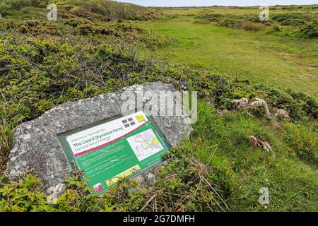 A sign for The Lizard (Kynance Farm) National Nature Reserve on the Lizard Peninsular, Cornwall, England, UK Stock Photo