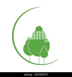Logo for forestry or eco company or event: green trees on the background of a crescent moon. Vector creative illustration Stock Vector