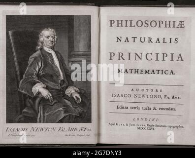 Philosophiæ Naturalis Principia Mathematica, or Mathematical Principles of Natural Philosophy, commonly known as the Principia by Sir Isaac Newton.  Newton published the Principia in three volumes, in Latin, in 1687.  This is the title page of the amended third edition published in 1726, the year of Newton's death. Stock Photo