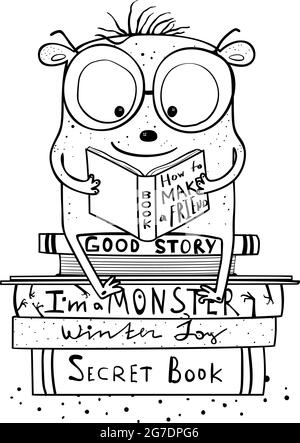 Reading Books Monster Character for Coloring Book Stock Vector