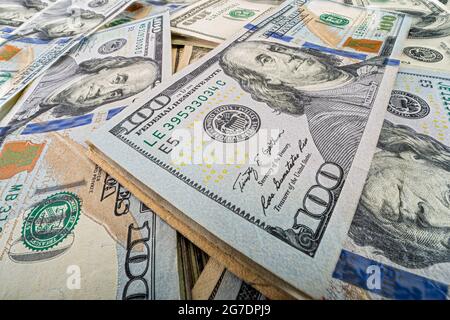 Wide angle detailed view of US 100 dollar bills