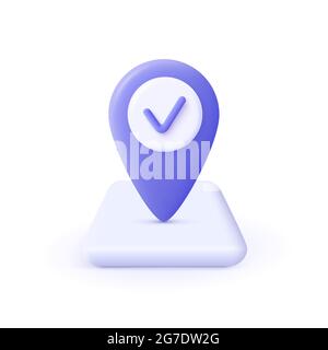 Checkmark icon. Approvement concept. Geolocation map mark, point location. 3d realistic vector illustration. Stock Vector