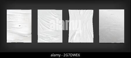 White wet wrinkled creased paper sheets, posters glued to street wall mockup set. Crumpled paper texture, vector. Stock Vector