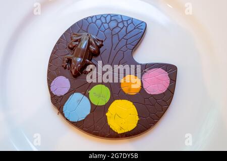 Colorful Nacional cacao chocolate bar from Kokak Chocolates in the Castro, San Francisco, California, May 17, 2021. () Stock Photo