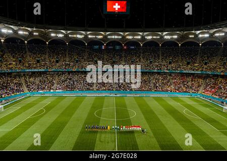 Bucharest, Romania - 28, June: A View of Arena BucharestÕs field with France and Switzerlan players in line during the UEFA Euro 2020 Championship Rou Stock Photo