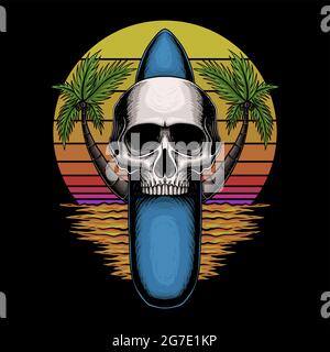 Skull surfing board retro vector illustration Stock Vector