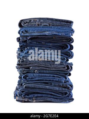 Stack of blue jeans isolated on white background with clipping path Stock Photo