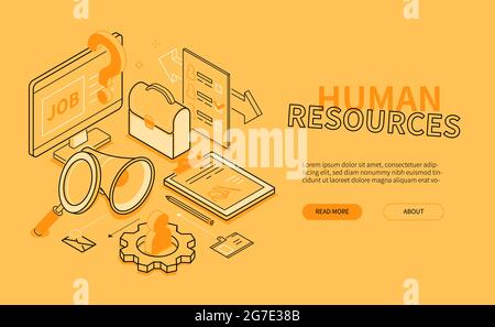 Human resources - yellow line design style isometric banner. HR and employment header. Recruitment company website, open vacancy and partnership agree Stock Vector