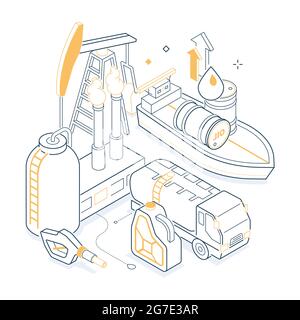 Oil industry - isometric yellow and black line illustration. Procession and marketing of petroleum products. Barrels, pump, plant, canister, drop, tan Stock Vector