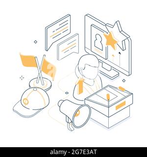 Election and voting - isometric black and yellow line illustration. Politics, public speaking and electioneering concept. Microphone, candidate, speak Stock Vector