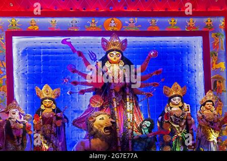 KOLKATA , INDIA - OCTOBER 18, 2015 : Night image of decorated Durga Puja pandal, shot at colored light, at Kolkata, West Bengal, India. Durga Puja is Stock Photo