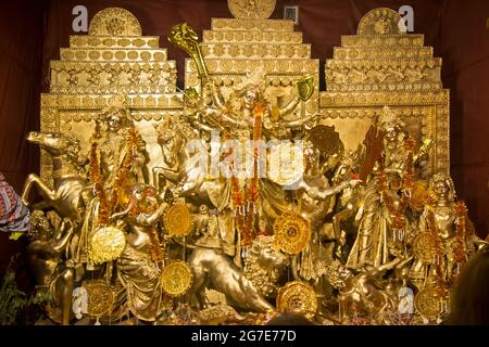 KOLKATA , INDIA - OCTOBER 18, 2015 : Night image of decorated Durga Puja pandal, shot at colored light, at Kolkata, West Bengal, India. Durga Puja is Stock Photo