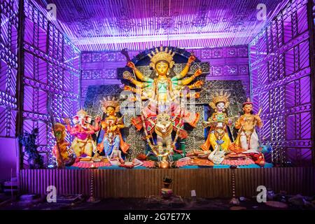 KOLKATA , INDIA - OCTOBER 18, 2015 : Night image of decorated Durga Puja pandal, shot at colored light, at Kolkata, West Bengal, India. Durga Puja is Stock Photo