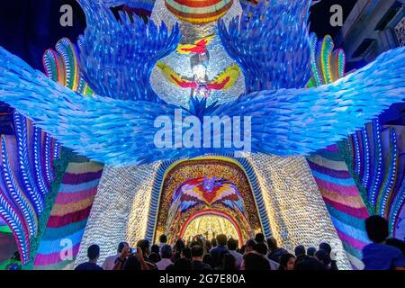 KOLKATA , INDIA - OCTOBER 18, 2015 : Night image of decorated Durga Puja pandal, shot at colored light, at Kolkata, West Bengal, India. Durga Puja is Stock Photo