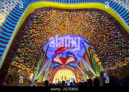 KOLKATA , INDIA - OCTOBER 18, 2015 : Night image of decorated Durga Puja pandal, shot at colored light, at Kolkata, West Bengal, India. Durga Puja is Stock Photo