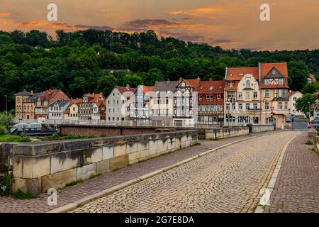 Half timbered houses of Hannoversch Münden at the Werra River Stock Photo