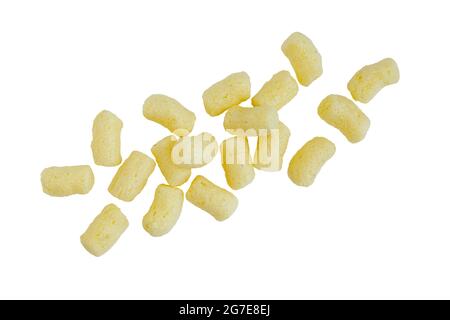 heap of sweet crunchy corn sticks or snacks isolated on white background Stock Photo